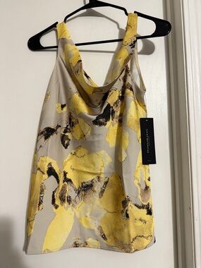 Donna Karan Yellow & Taupe Floral Cowl Neck Tank